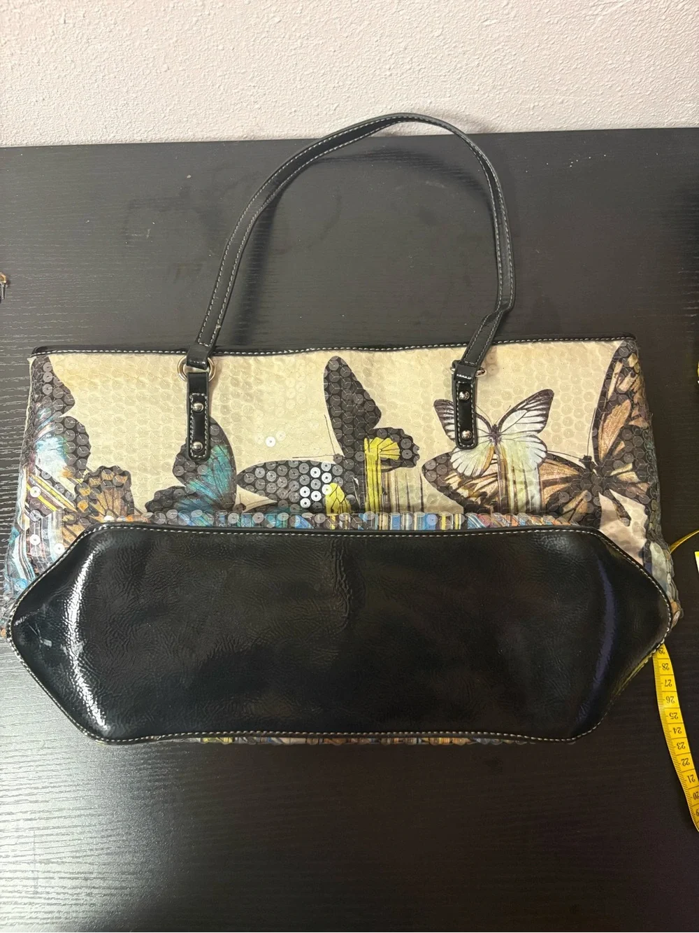 Nine West Butterfly Sequin Graphic Tote Bag Black Patent Shopper